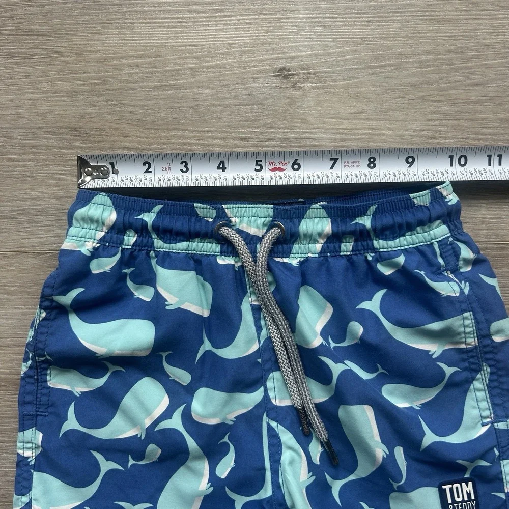 Boys Tom & Teddy Lined Swim‎ Trunks Size 3/4 Blue with Blue Sharks Colorful